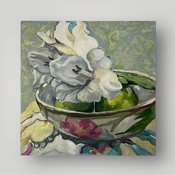 Original oil painting on 2” wood panel white Lily